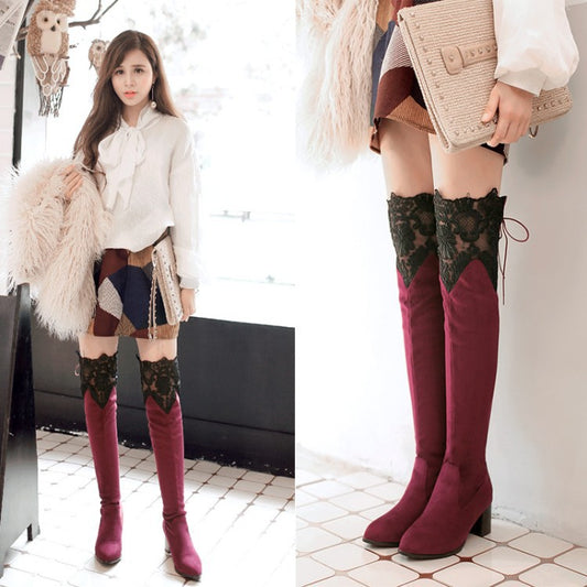 Sexy Knee High-heeled Boots Inside Hollow Lace