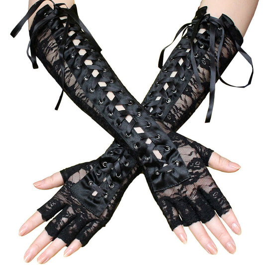 Long Half-Finger Lace Tie Ribbon Rivet Gloves