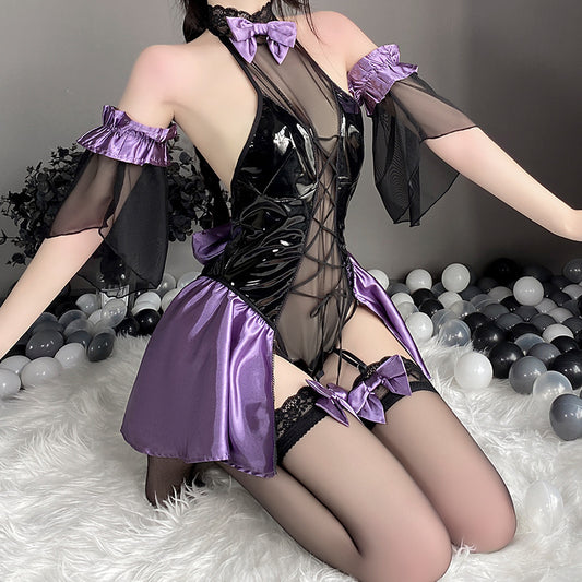Erotic Purple & Black See-through Strapless Bodysuit