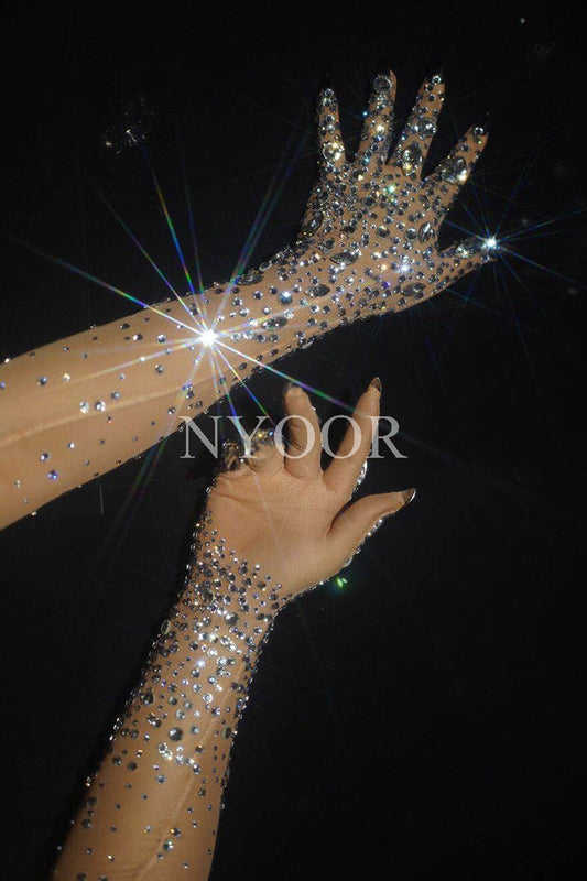 Crystal mesh gathering dance long gloves with sparkling rhinestones