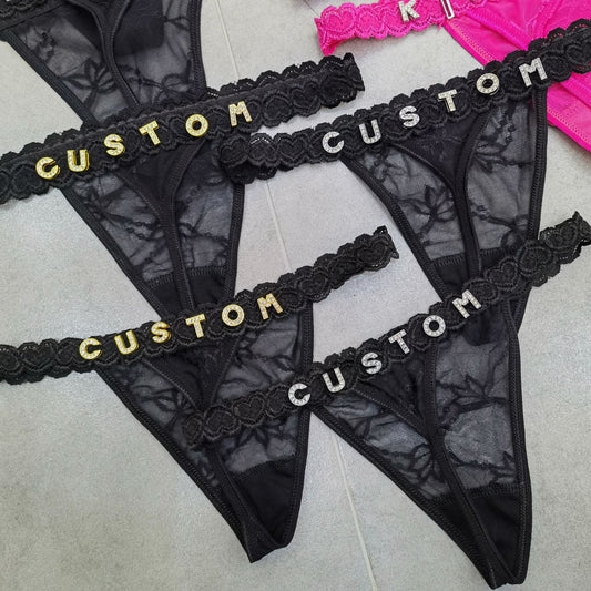 DIY metal rhinestone letter thong for women's sexy and playful lace underwear