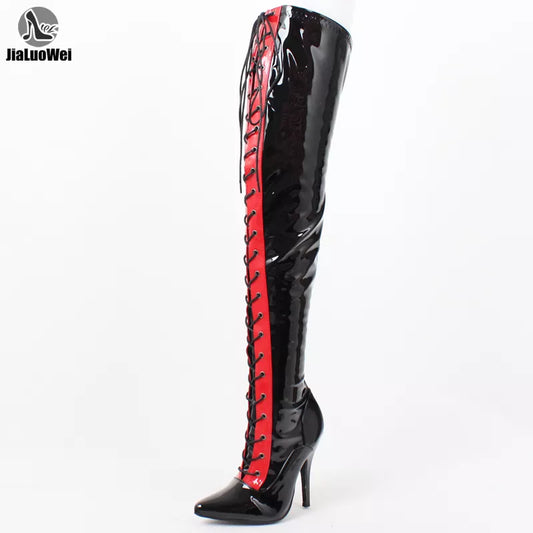 Fetish Thin high Heels Patent Leather Pointed Toe Stiletto Lace-Up motorcycle over-the-knee Thigh boots