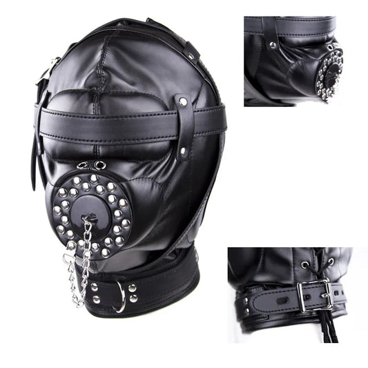 Black Fetish Leather Full Face Mouth Plug Mask