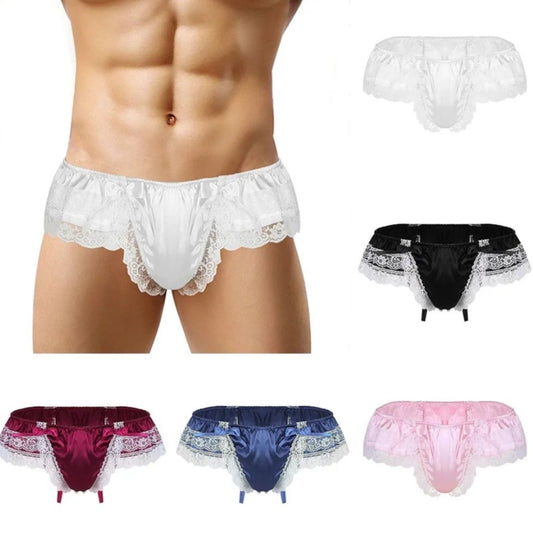 Mens See-Through Lace Sissy Satin Panties Underwear