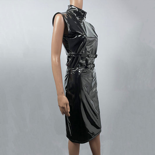 Latex Ammonia Bright Face Sleeveless High Neck Tight One-piece Dress
