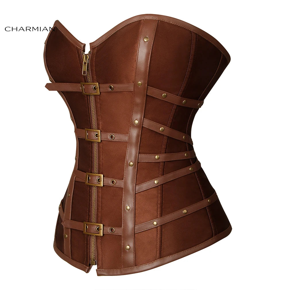Steampunk Leather Corset Sexy Gothic Satin Boned Rivet Buckle